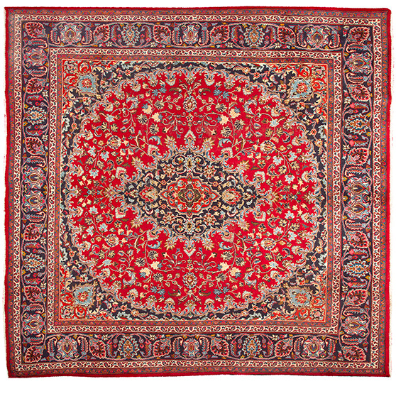 Mashhad Persian Rug 9x9 ft - Semi Antique Medallion (Toranj), Shah Abbasi Crimson, Navy Blue, Cream Hand Knotted | front view | SKU 110594