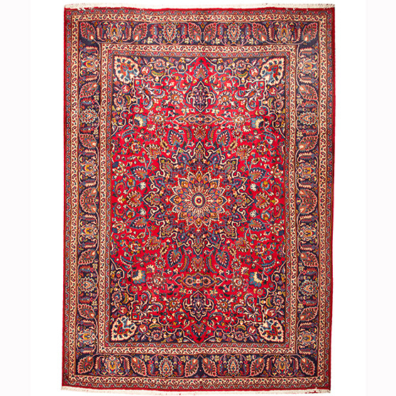 Mashad Persian Rug 10'11" x 8'0" - Semi Antique Medallion Crimson, Ultramarine Hand Knotted | front view | SKU 110598