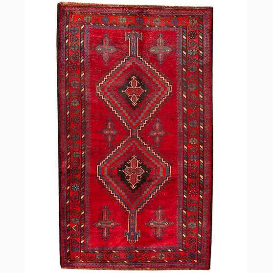 Garmsar Persian Rug 9x5 ft - Semi Antique Medallion (Toranj), Geometric Madder Red, Navy Blue, Ivory Hand Knotted | front view | SKU 110645