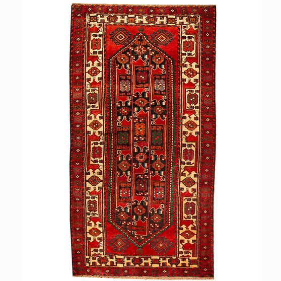 Ferdos Persian Rug 10'0" x 5'5" - Semi Antique Geometric Red, Beige Hand Knotted | front view | SKU 110646