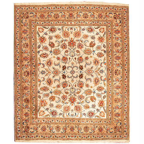 Tabas Persian Rug 7x6 ft - Semi Antique Afshan All-Over, Shah Abbasi Ivory, Rust Red, Antique Gold Hand Knotted | front view | SKU 110649