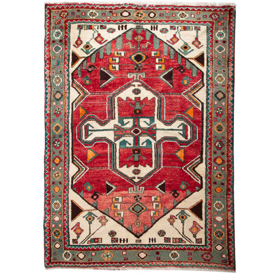 Hamadan Persian Rug 4x3 ft - Semi Antique Afshan Red, Blue Hand Knotted | front view | SKU 110651