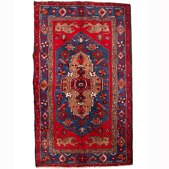 Kurdish Persian Rug 6'11" x 3'11" - Semi Antique Medallion Red, Blue Hand Knotted | front view | SKU 110654