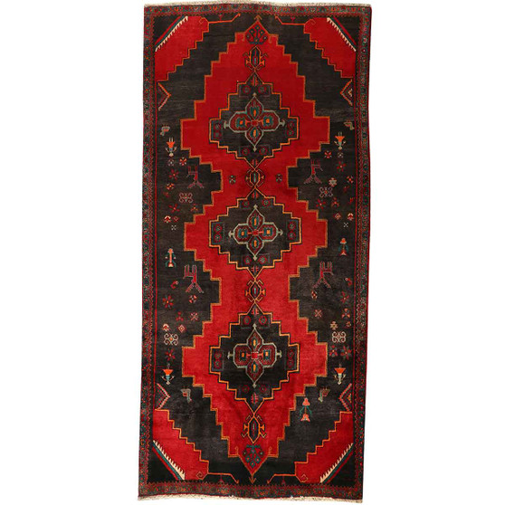 Sarab Persian Rug 9x4 ft - Semi Antique Medallion Camel, Blue Hand Knotted | front view | SKU 110656