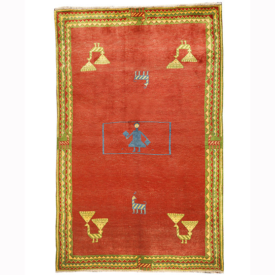 Shiraz Persian Rug 8x5 ft -  Geometric Blue, Red Hand Knotted | front view | SKU 110669