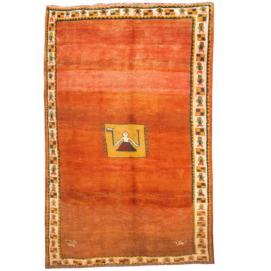 Shiraz Persian Rug 9x5 ft - 25-40 Years Mihrab (Prayer), Geometric Rust Red, Orange, Cream Hand Knotted | front view | SKU 110670