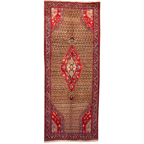 Kurdish Persian Rug 12x4 ft - Semi Antique Medallion Red, Blue Hand Knotted | front view | SKU 110671