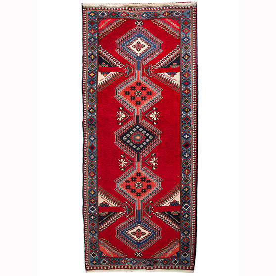 Yalameh Persian Rug 6x2 ft - Semi Antique Medallion Crimson, Navy Blue Hand Knotted | front view | SKU 110672