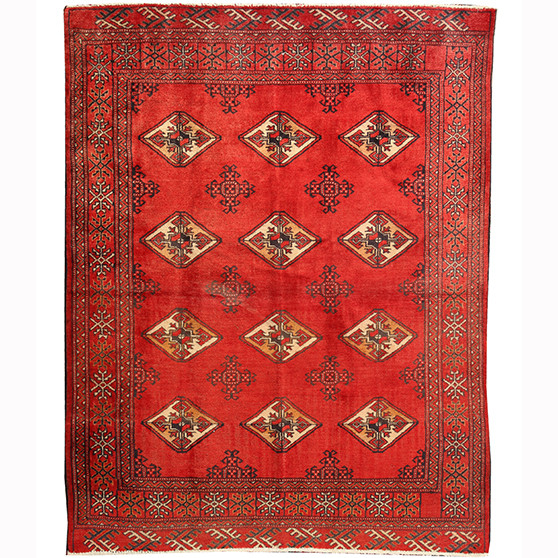 Turkmen Persian Rug 5x3 ft - Semi Antique Geometric Crimson, Navy Blue Hand Knotted | front view | SKU 110673