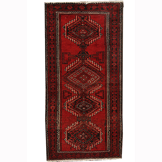 Baluch Persian Rug 4'4" x 2'1" - Semi Antique Mihrab Red, Blue Hand Knotted | front view | SKU 110675