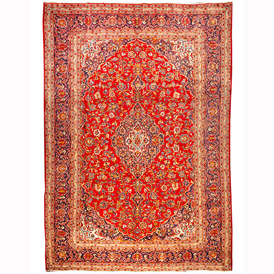 Kashan Persian Rug 12'2" x 8'2" - Semi Antique Medallion Crimson, Navy Blue Hand Knotted | front view | SKU 110990