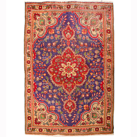 Tabriz Persian Rug 4'8" x 3'1" - Semi Antique Medallion Red, Cream Hand Knotted | front view | SKU 110994