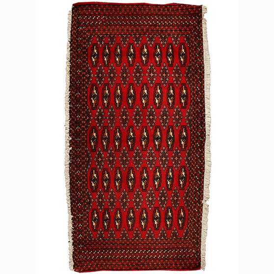 Turkmen Persian Rug 4x1 ft - Semi Antique Geometric Crimson, Navy Blue Hand Knotted | front view | SKU 110995