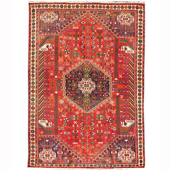 Shiraz Persian Rug 9x6 ft - Semi Antique Medallion (Toranj), Geometric Madder Red, Burgundy, Cream Hand Knotted | front view | SKU 111042