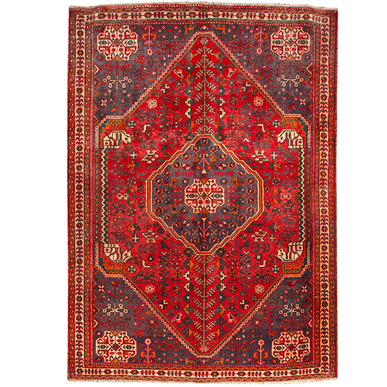 Shiraz Persian Rug 9'0" x 6'4" - Semi Antique Geometric Blue, Red Hand Knotted | front view | SKU 111043