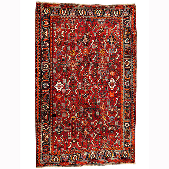 Shiraz Persian Rug 8x5 ft - Semi Antique Afshan (All-Over), Geometric Madder Red, Dark Red, Navy Blue Hand Knotted | front view | SKU 111046
