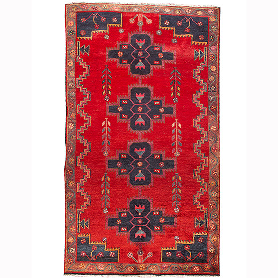 Saveh Persian Rug 7'9" x 4'8" - Semi Antique Medallion Red, Brown Hand Knotted | front view | SKU 111121
