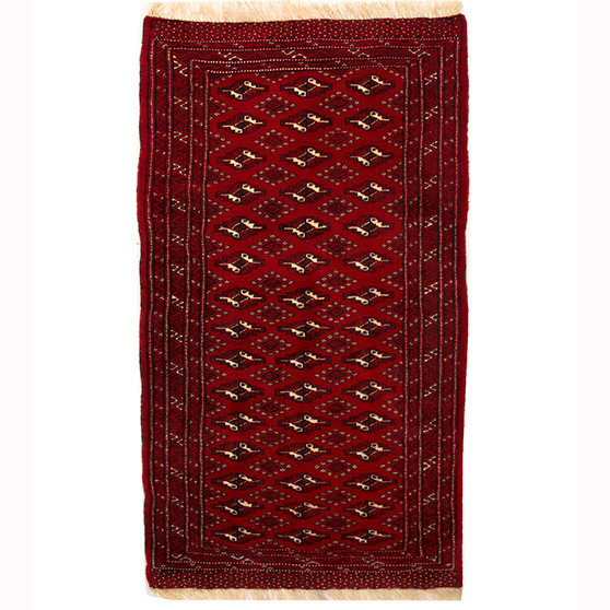 Turkmen Persian Rug 4x1 ft - Semi Antique Geometric Crimson, Navy Blue Hand Knotted | front view | SKU 110159