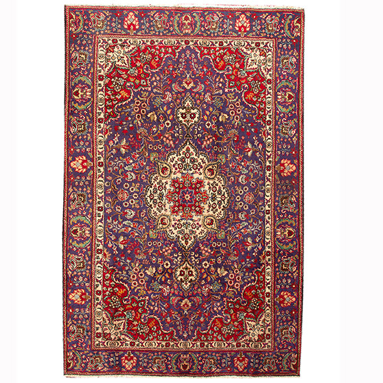 Tabriz Persian Rug 9x6 ft - Semi Antique Shah Abbasi, Medallion (Toranj) Navy Blue, Madder Red, Ivory Hand Knotted | front view | SKU 110410