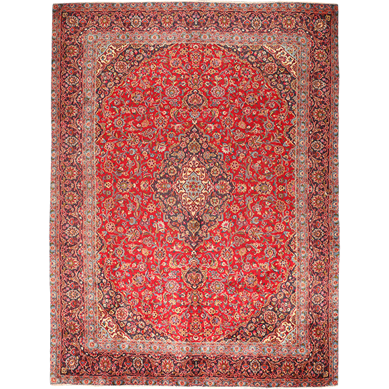 Kashan Persian Rug 12'4" x 9'2" - Semi Antique Medallion Crimson, Navy Blue Hand Knotted | front view | SKU 110001