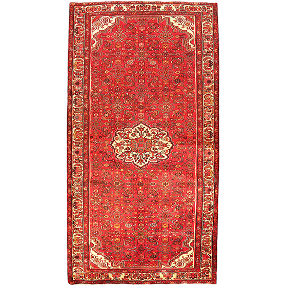 Hosseinabad Persian Rug 10x5 ft - Semi Antique Medallion (Toranj), Herati (Mahi) Crimson, Ivory, Navy Blue Hand Knotted | front view | SKU 110002