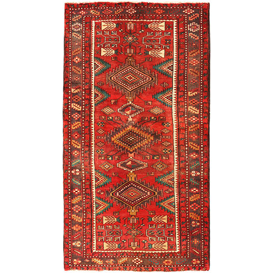 Ahar Persian Rug 7'9" x 3'11" - Semi Antique Medallion Red, Beige Hand Knotted | front view | SKU 110045