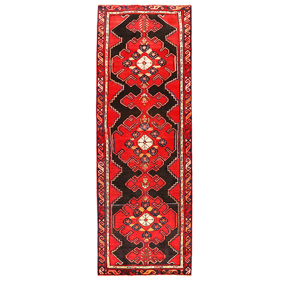 Hamadan Persian Rug 10x3 ft - Semi Antique Afshan Red, Blue Hand Knotted | front view | SKU 110109