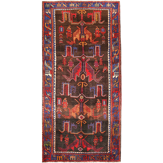 Nahavand Persian Rug 10x4 ft - Semi Antique Medallion Navy Blue, Red Hand Knotted | front view | SKU 110110