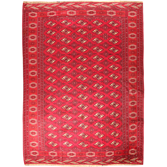 Turkmen Persian Rug 10x6 ft - Semi Antique Geometric, Turkmen Gul Crimson, Madder Red, Burgundy Hand Knotted | front view | SKU 110123