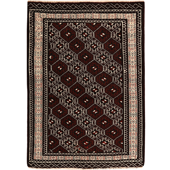Turkmen Persian Rug 3'10" x 2'8" - Semi Antique Geometric Crimson, Navy Blue Hand Knotted | front view | SKU 110137