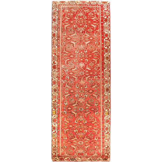 Hamadan Persian Rug 10'0" x 3'1" - Semi Antique Afshan Red, Blue Hand Knotted | front view | SKU 110200