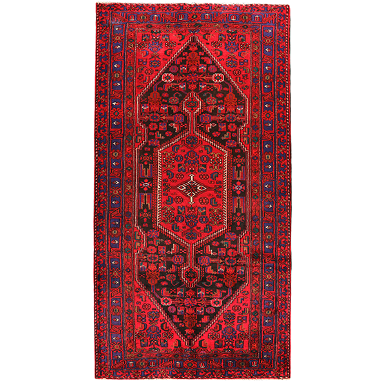 Zanjan Persian Rug 10'2" x 5'2" - Semi Antique Medallion Navy Blue, Crimson Hand Knotted | front view | SKU 110296