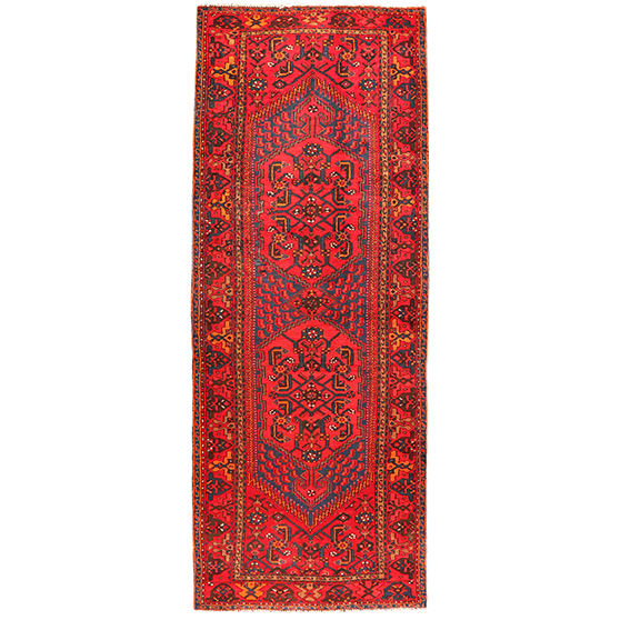 Gholtogh Persian Rug 9x3 ft - Semi Antique Medallion (Toranj), Geometric Crimson, Navy Blue, Dark Red Hand Knotted | front view | SKU 110298