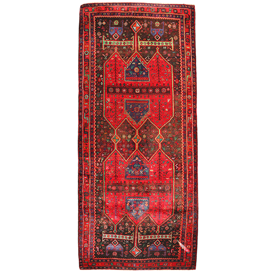 Kurdish Persian Rug 12'12" x 4'12" - Semi Antique Medallion Red, Blue Hand Knotted | front view | SKU 110319