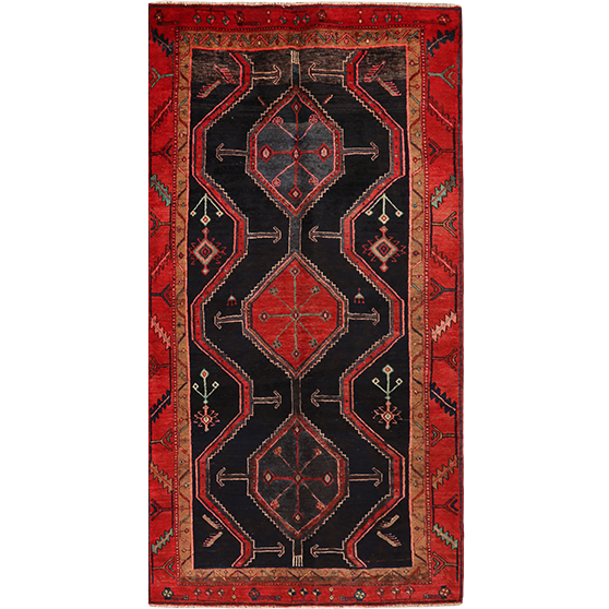 Bijar Persian Rug 9'6" x 4'7" - Semi Antique Medallion Crimson, Navy Blue Hand Knotted | front view | SKU 110341