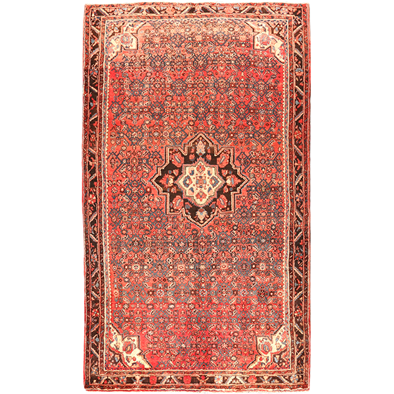 Hosseinabad Persian Rug 9x5 ft - Semi Antique Medallion Crimson, Ivory Hand Knotted | front view | SKU 110365