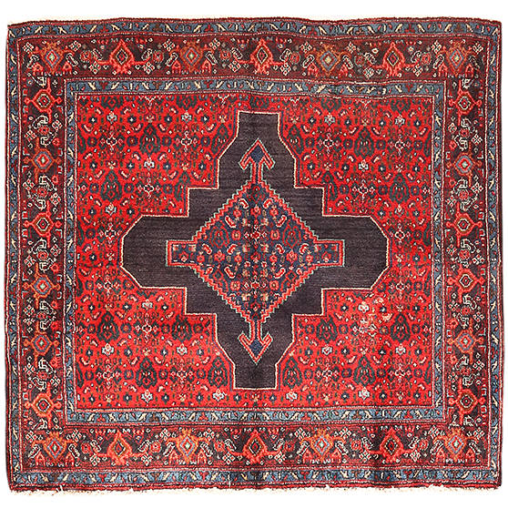 Senneh Persian Rug 4'4" x 3'11" - Semi Antique Medallion Crimson, Navy Blue Hand Knotted | front view | SKU 110391