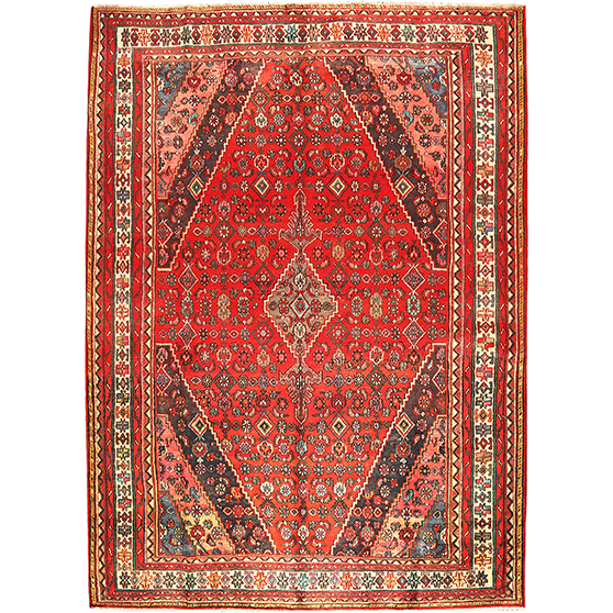 Hamadan Persian Rug 10x7 ft - Semi Antique Afshan Red, Blue Hand Knotted | front view | SKU 110508