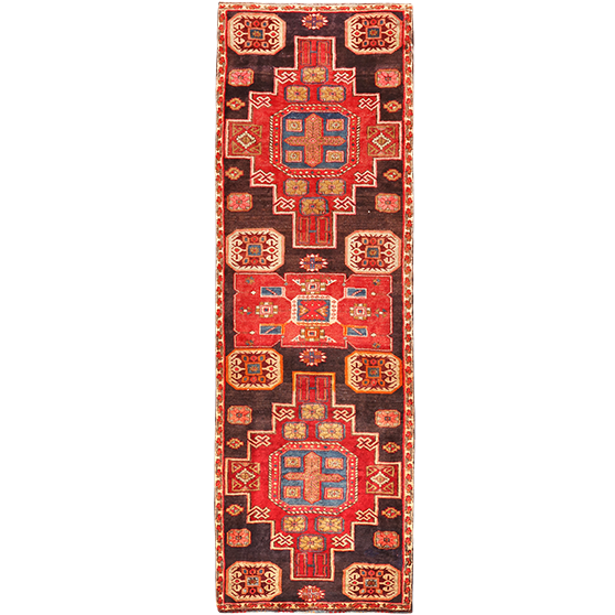 Ardabil Persian Rug 9'10" x 3'1" - Semi Antique Medallion Turquoise, White Hand Knotted | front view | SKU 110542