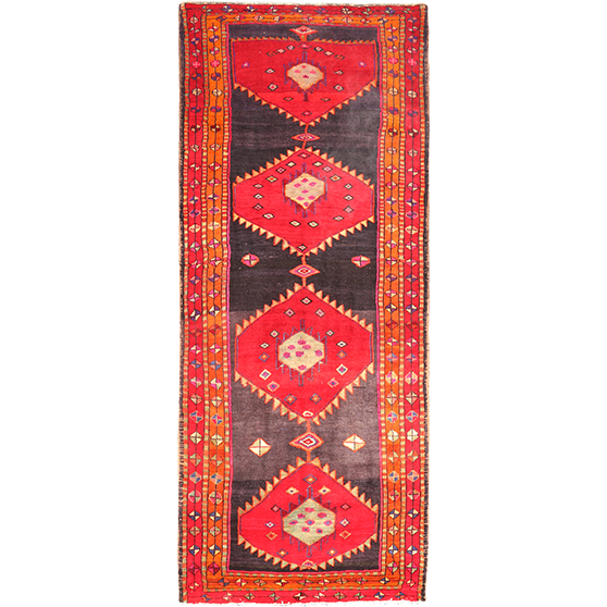 Ardabil Persian Rug 10x4 ft - Semi Antique Geometric, Tribal and Nomadic Red, Brown, Orange Hand Knotted | front view | SKU 110545
