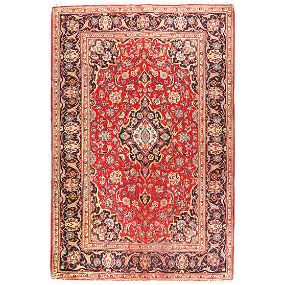 Kashan Persian Rug 6'8" x 4'4" - Semi Antique Medallion Crimson, Navy Blue Hand Knotted | front view | SKU 110667