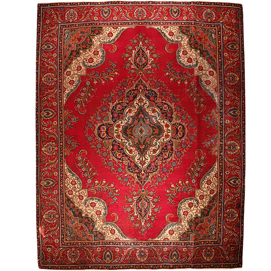 Tabriz Persian Rug 12'8" x 9'10" - Semi Antique Medallion Red, Cream Hand Knotted | front view | SKU 110992