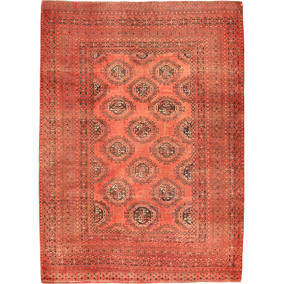 Afghan Persian Rug 9x6 ft - Semi Antique Geometric, Turkmen Gul Madder Red, Rust Red, Dark Red Hand Knotted | front view | SKU 111001