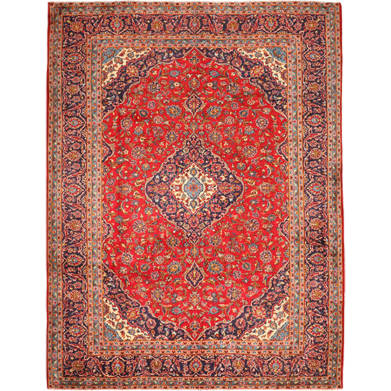 Ardekan Persian Rug 12x9 ft - Semi Antique Shah Abbasi, Medallion (Toranj) Red, Cream, Navy Blue Hand Knotted | front view | SKU 111005