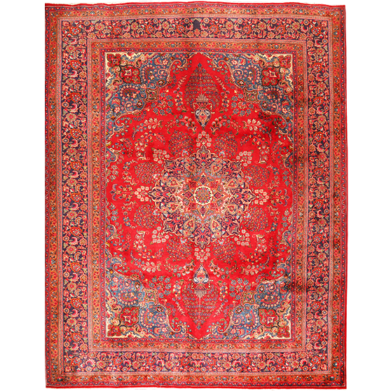 Sabzevar Persian Rug 12'8" x 9'10" - Semi Antique Medallion Crimson, Beige Hand Knotted | front view | SKU 111006