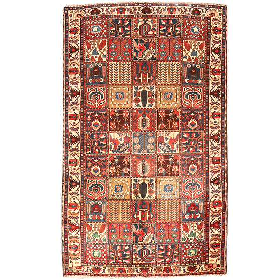 Bakhtiari Persian Rug 9x5 ft - Semi Antique Medallion Blue, Crimson Hand Knotted | front view | SKU 111009