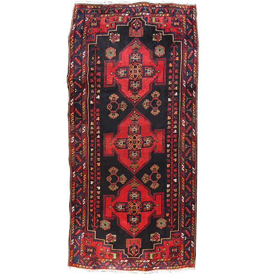 Saveh Persian Rug 9x4 ft - Semi Antique Medallion (Toranj), Geometric Red, Navy Blue, Crimson Hand Knotted | front view | SKU 111012