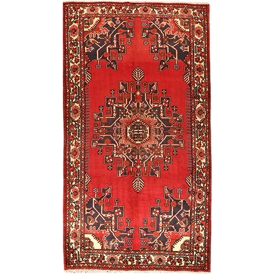 Tafresh Persian Rug 9'10" x 5'3" - Semi Antique Medallion Crimson, Beige Hand Knotted | front view | SKU 111013