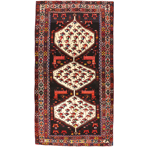 Shahsavan Persian Rug 9x5 ft - Semi Antique Geometric Blue, Crimson Hand Knotted | front view | SKU 111015