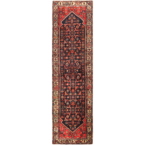 Hamadan Persian Rug 12x3 ft - Semi Antique Afshan Red, Blue Hand Knotted | front view | SKU 111018